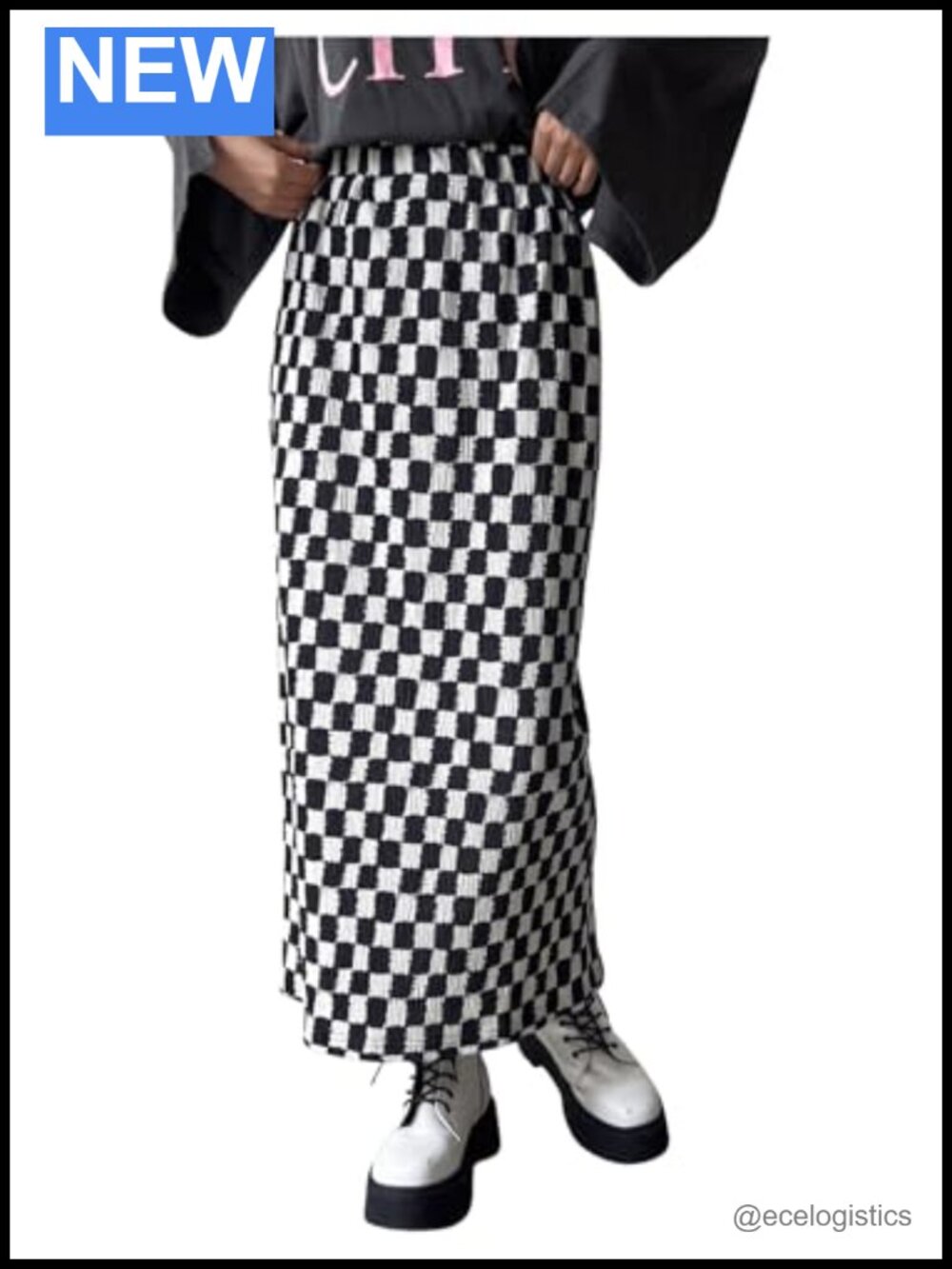 Plaid Elastic Waist Mid Rise Slit Hem Straight Long Skirt Soft Casual